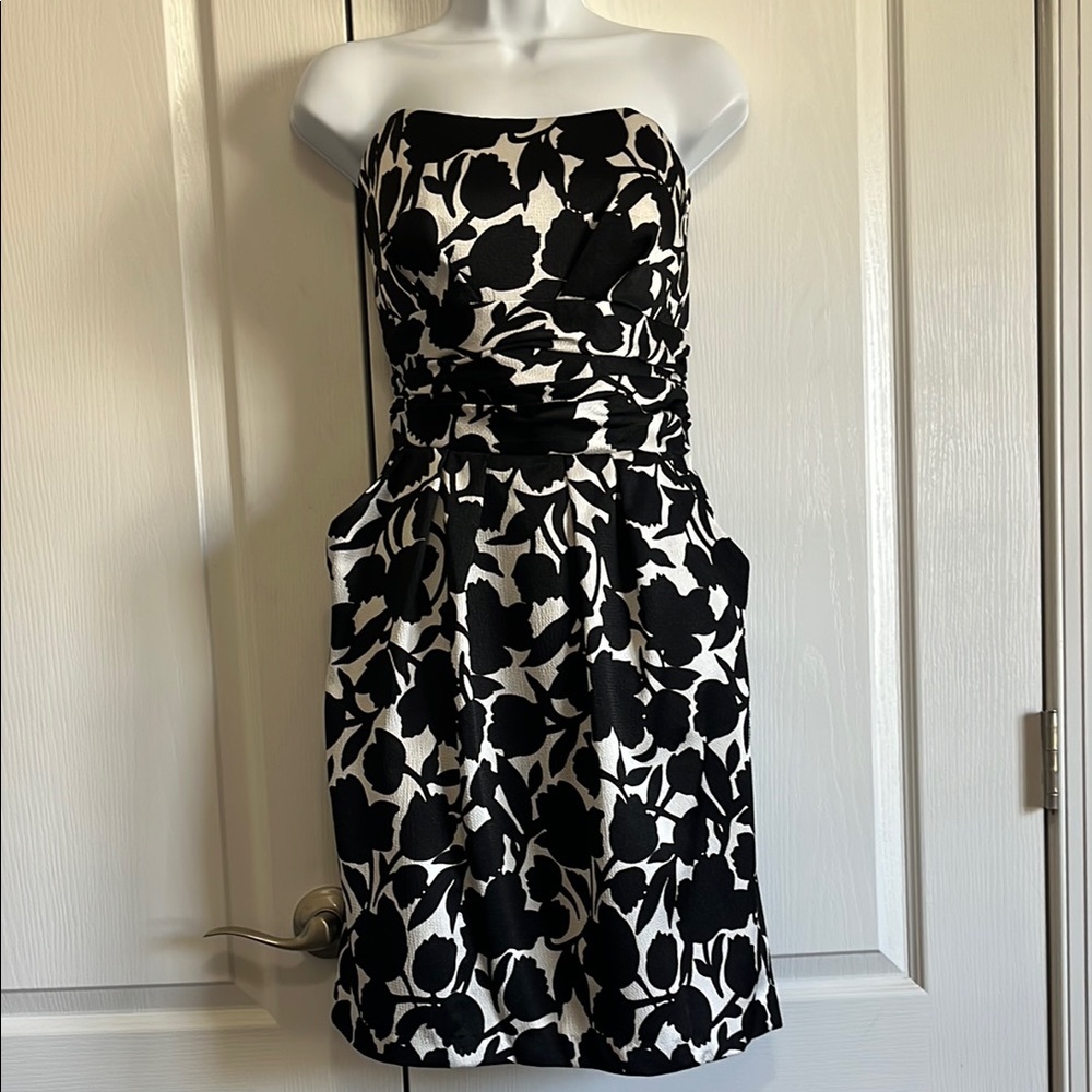 Davids Bridal Elegant Black and White Floral Dress with pockets